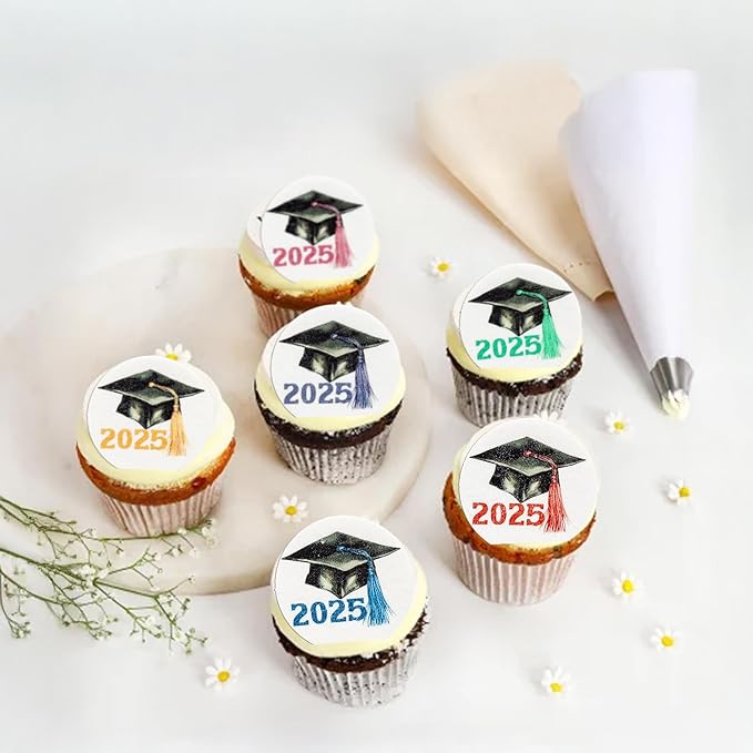 Gyufise 48Pcs Edible 2025 Graduation Theme Cupcake Toppers Wafer Paper Graduate Hat Grad Cap Cupcake Picks 2025 Students Graduation Theme Party Cake Decorations Supplies Multi