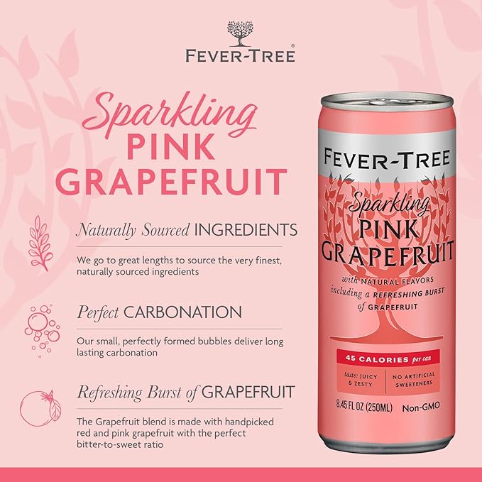 Fever-Tree Sparkling Pink Grapefruit - Premium Quality Mixer - Refreshing Beverage for Cocktails & Mocktails. Naturally Sourced Ingredients, No Artificial Sweeteners or Colors - 8.5 Fl Oz Cans - Pack of 24