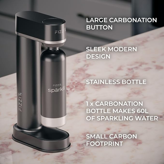 Black Sparkling Soda Water Maker with 2 CO2 Cylinders & 2 Stainless Steel Reusable Bottles, Includes 1 x Black Stainless Reusable Bottle & 1 x White Stainless Reusable Bottle