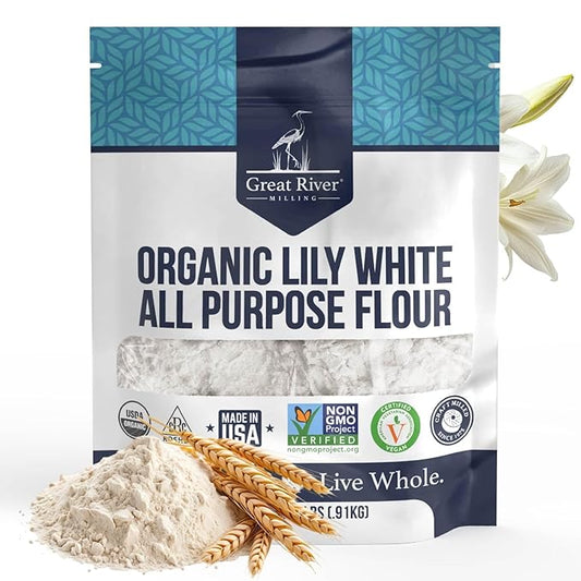 Great River Milling Lily White Organic All-Purpose Flour | Unbleached & Unbromated | Non-GMO, Kosher | Ideal for Bread, Cookies, Cakes, Pizza Dough & Everyday Baking | 2 Lb
