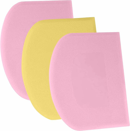 SURDOCA Dough Scraper Bench Scraper - 3P 5.9x4.3" Plastic Flexible Bowl Scraper, Sharp Edge & Angles Cake Scraper. Non-Slip Bakeware Decorating Tools Sculpting & Modeling Tools - Pink+Yellow+Pink