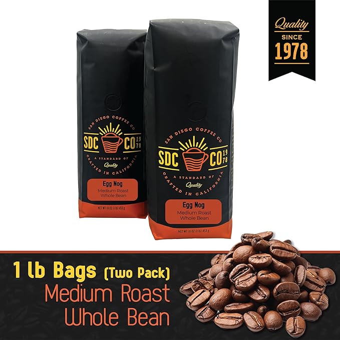 San Diego Coffee Egg Nog, Medium Roast, Whole Bean Coffee, 16-Ounce Bags (Pack of 2) Café en grano tostado