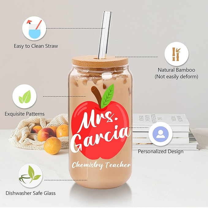 Personalized Tumbler with Name for Teacher- Glass with Lids and Straws-18OZ Iced Coffee Cups with Lids, Cute Glass Cups, Teacher Appreciation Gifts