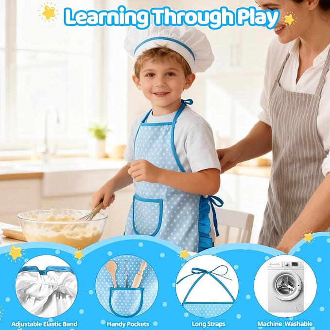 11 PCS Kids Chef Costume Set, Cooking & Baking Toys for Toddlers 3-8 with Adjustable Apron, Pretend Play Gift for Boys & Girls Birthday Xmas（Blue）