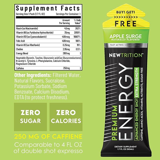 NewTrition® Extra Strength Energy Shots, 250mg Caffeine Energy Shots with Vitamin B & Amino Acids, Sugar-Free Vitamin Energy Shot, 1.7 fl oz (Pack of 12, Apple Surge)