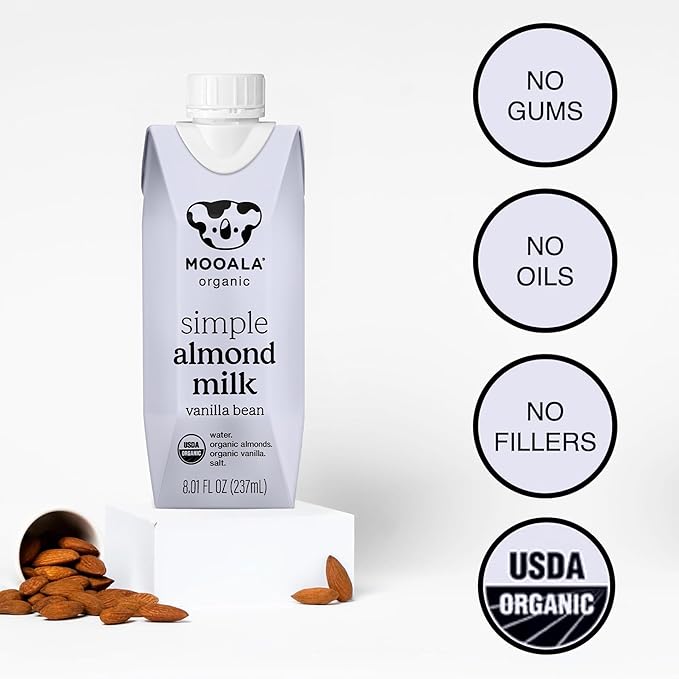 Mooala Organic Simple Almondmilk Vanilla- Shelf Stable Single Serve Cartons, 4 Ingredients, No Gums, No Oil, No Fillers, Dairy Free Plant Based Milk, On The Go 12 Pack