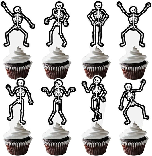 Dancing Skeleton Halloween Cupcake Toppers 48PCS Black Skull Party Cake Decorations Skeleton Cupcake Picks Halloween Birthday Party Decorations for Horror Theme Party Baby Shower Supplies