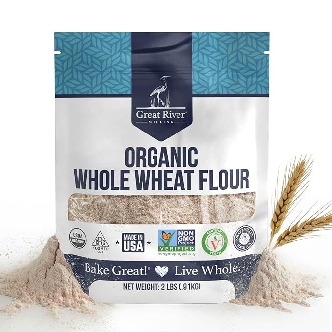 Great River Milling Organic Whole Wheat Flour | Unbleached & Unbromated | High Protein & Fiber | Non-GMO, Kosher | Perfect for Sourdough, Bread, Rolls, Baking, Cooking & More | 2 Lb