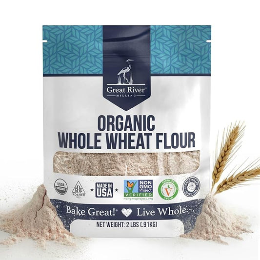 Great River Milling Organic Whole Wheat Flour | Unbleached & Unbromated | High Protein & Fiber | Non-GMO, Kosher | Perfect for Sourdough, Bread, Rolls, Baking, Cooking & More | 2 Lb