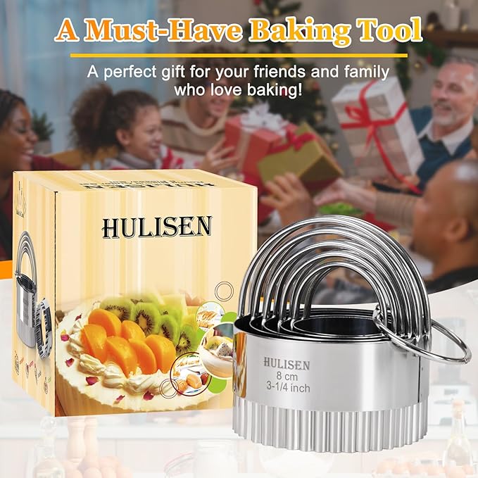HULISEN Biscuit Cutter Set (5 Pieces/Set), Stainless Steel Round Biscuit Cutters with Handle, Wave Cookies Cutter with Fluted Edge, Professional Baking Dough Tools, Gift Package (Wave)