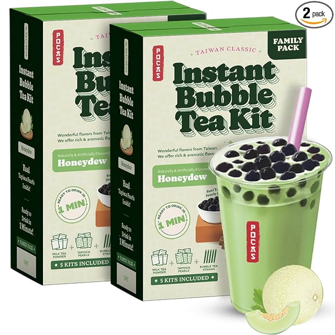 Pocas Bubble Tea Kit, Honeydew 2-Pack – Instant Milk Tea Powder with Authentic Tapioca Pearls for Instant Bubble Tea, 10 Kits