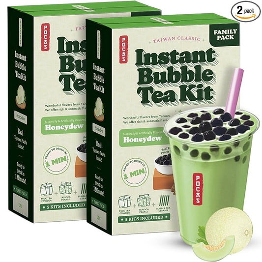 Pocas Bubble Tea Kit, Honeydew 2-Pack – Instant Milk Tea Powder with Authentic Tapioca Pearls for Instant Bubble Tea, 10 Kits