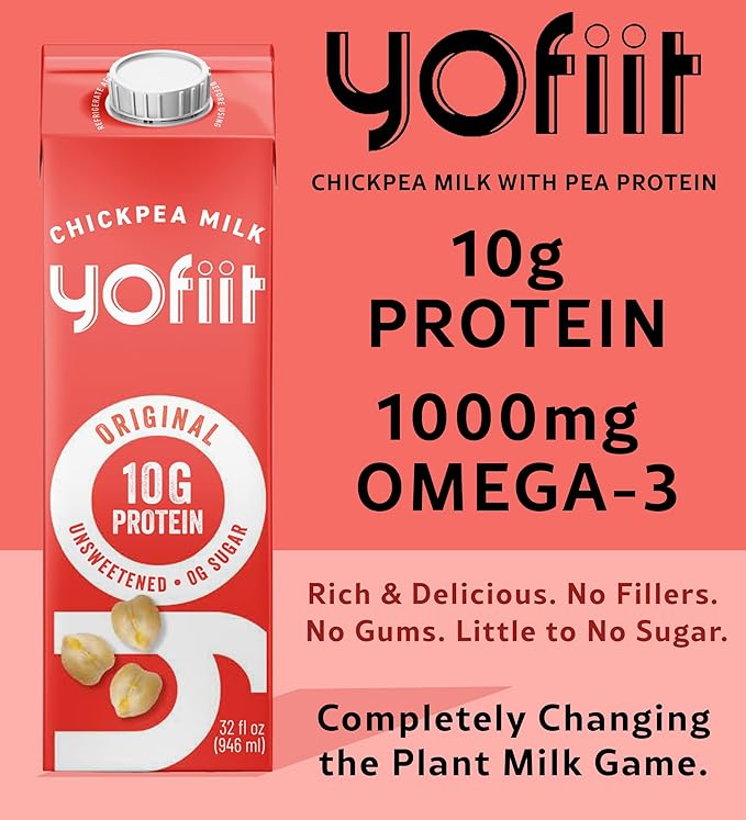 Yofiit Original Unsweetened Plant Based Milk with Pea Protein and Flax - More Protein than Almond Milk - Non Dairy Coffee Creamer, Vegan & Shelf Stable | 10g Protein - 6 Pack