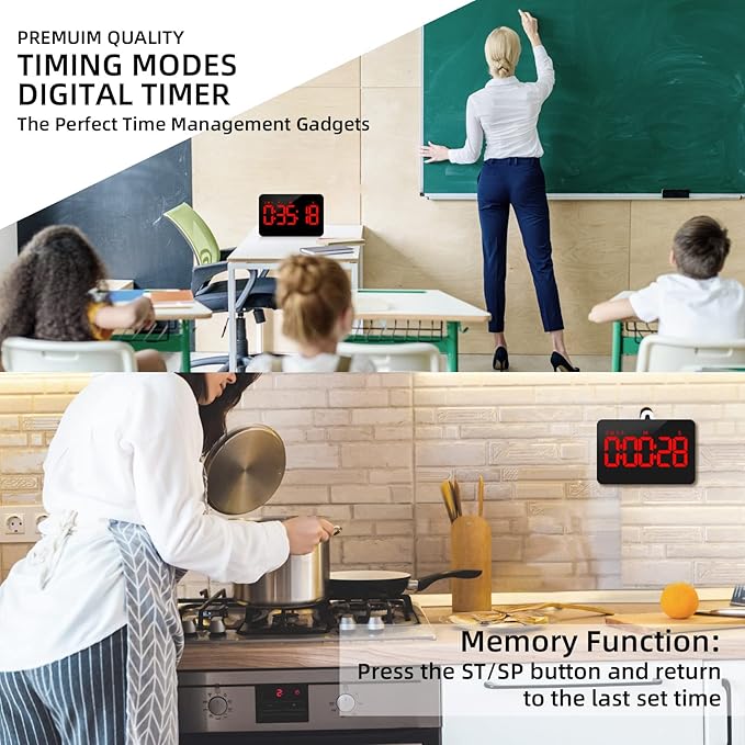 Digital Timer Kitchen Timer Count Down Up Rechargeable Kitchen Gadgets Vibration Mode Adjustable Volume and Brightness LED Display Time Management for Cook, Desk, Kids Adults Study Teaching