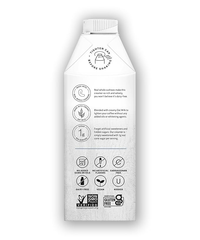 Elmhurst 1925 Sweet Cream Cashew Creamer - Dairy-Free, Vegan, Kosher, Low Sugar, Shelf Stable Creamer Made with Cashew & Oat Milk for Healthier Coffee, Latte and Smoothies - 25.4 Ounce (Pack of 6)