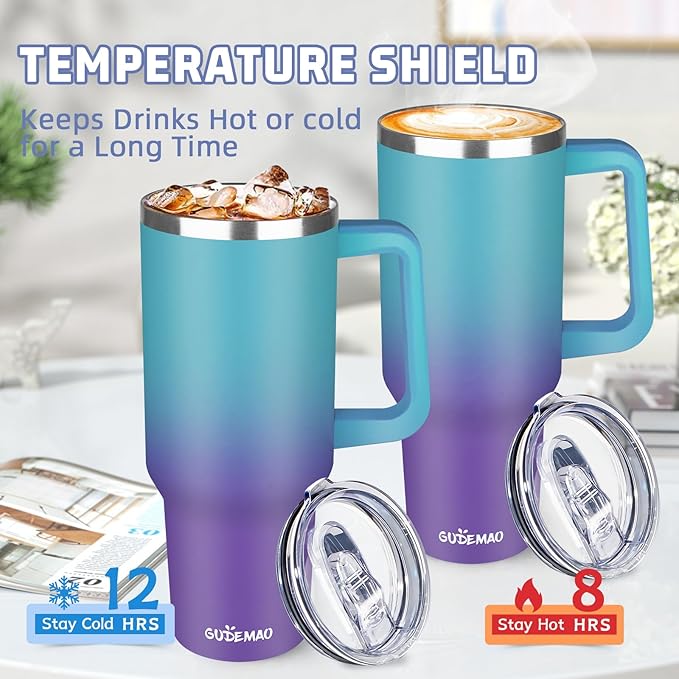 40 oz Insulated Coffee Mug with Ceramic Coating, Stainless Steel Travel Coffee Tumbler with Handle Lid and Straw, Double Wall Leak-Proof Coffee Travel Mug Keeps Drink Hot and Cold (Azure Purple)