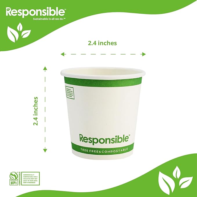 Certified Compostable 4 oz Paper Cups, Cold ＆ Hot Coffee Cups, Disposable Paper Cups, Extra Strength Disposable Cups, Made without PFAS (50 count)