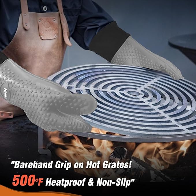 Walfos Silicone BBQ Gloves - Heat Resistant Grilling Gloves, Premium Non-Slip Kitchen Silicone Oven Mitt with Protective Cotton Layer Inside, Waterproof, Great for Grilling, Kitchen and Cooking, Gray