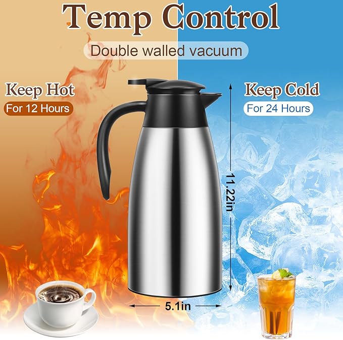 1 PCS 68 OZ Thermal Coffee Carafe, Insulated Stainless Steel Coffee Carafe Double Walled Vacuum Thermal Pot Flask with Brushes Thermos for Keeping Hot Coffee Tea Home and Office (Silver)