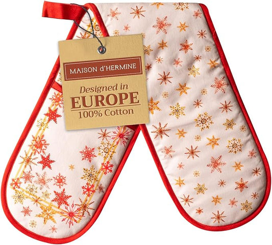 Maison d' Hermine Double Oven Mitts 100% Cotton 7"x35" Double Oven Mitt Heat Resistant BBQ Cooking Gloves with Loop, Baking, Grilling, Home, Kitchen, Handling Hot Pans (Crystal Star)