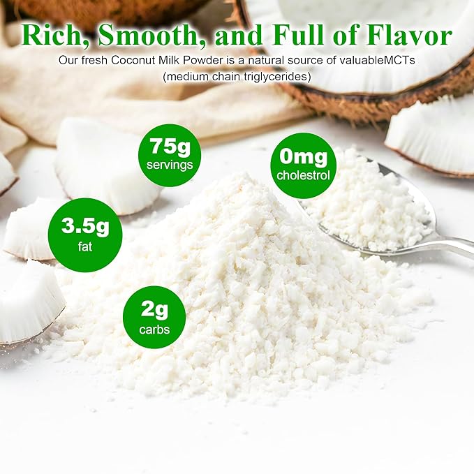 Premium Coconut Milk Powder (226g/2pack) - 100% Natural, Unsweetened, Perfect for Curries, Desserts & Baking, Gluten-Free, Non-GMO, Resealable Bag