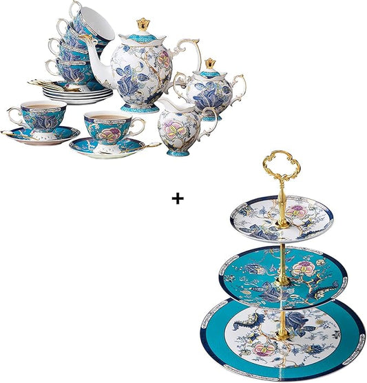 ACMLIFE Bone China Tea Sets with Cake Stand 3 Tiers for 6 Adults, 21 Piece Vintage Tea Cup Set, Blue Floral Tea Sets for Women Tea Party or Gift Giving China/English Tea Cup Set