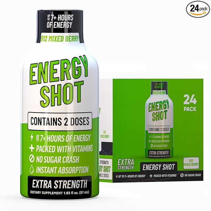 B12 Mixed Berry Extra Strength Energy Shot 24 pk – 260mg Natural Caffeine B12 B6 – Energy & Vitality Support – 2 Servings Sugar Free Zero Calorie Green Tea B-Vitamins Electrolytes Vegan – 1.93 fl oz