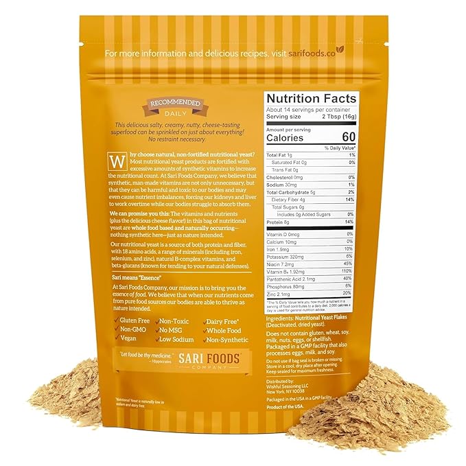 Sari Foods Non-Fortified Nutritional Yeast Flakes - 8oz - Superfood, Protein. Gluten Free & Dairy Free Vegan Cheese Parmesan Substitute, Vitamins B, Beta-glucans & 18 Amino Acids