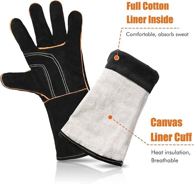 LeaSeek Leather Forge Welding Gloves, Heat/Fire Resistant Barbecue Gloves,Mitts for Fireplace,BBQ,Welder,Grill,Oven,Stove,Tig
