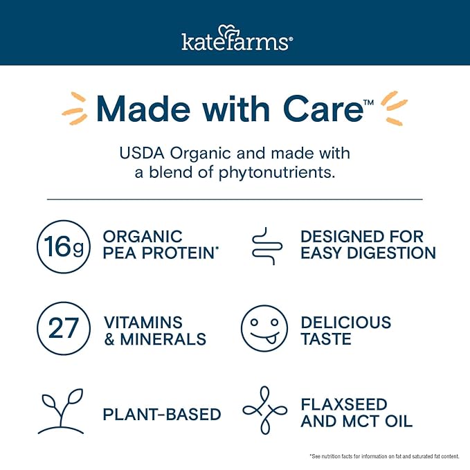 Kate Farms Organic Nutrition Shake, Vanilla, 16g Protein, 27 Vitamins and Minerals, Meal Replacement, 11 oz, 6 Pack