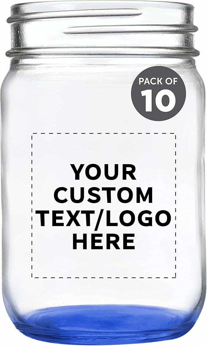 DISCOUNT PROMOS Custom Decorating Mason Jars 12 oz. Set of 10, Personalized Bulk Pack - Glass Jars for Overnight Oats, Candies, Fruits, Pickles, Spices, Beverages - Blue