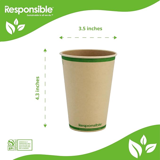 12 oz Paper Hot Cups, Tree-Less™ Compostable Paper Coffee Cups, Extra Strength, Tree-Free and Made Without PFAS, Natural Brown (1000 Count)