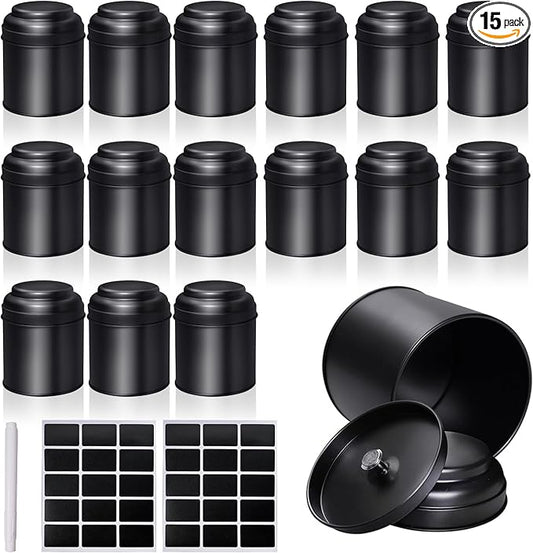 15 Pieces Tea Canisters 8 oz Round Tin Can Containers with Sealed Double Lids for Loose Leaf Tea,Coffee, Sugar, Candy, Spices Storage(Black)