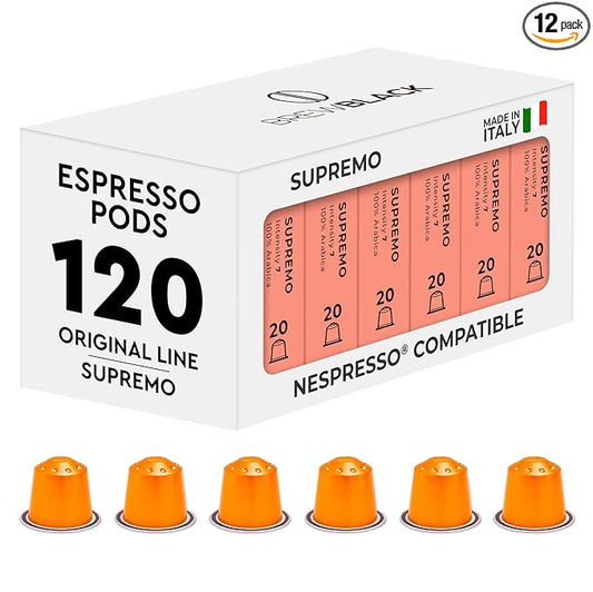 BrewBlack Supremo Coffee Capsules - 120 Aluminum Coffee Pods Compatible with Nespresso Original line, 100% Arabica Medium Roast - Intensity 7/12, Made in Italy