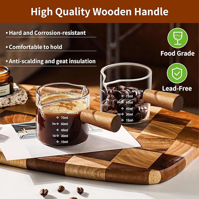YARRAMATE 3oz Espresso Shots Cup with Wood Handle (2 Pack), Clear Glass Espresso Machine Accessories, Espresso Measuring Cup with Dual Scale, Espresso Shot Glass with Single Spout