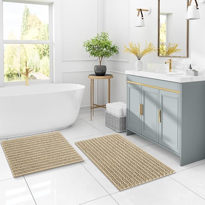 Arotive Luxury Chenille Bathroom Rug Mat, Extra Soft Thick Absorbent Shaggy Bath Rugs, Non-Slip Machine Wash Dry, Plush Bath Mats for Bathroom, Shower and Tub, 54x24, Beige