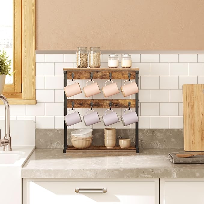 Coffee Mug Holder for Counter, 2 Tier Mug Tree Rack, with 8 Hook and 2 Open Shelves, Vintage Mug Holder Stand for Home Kitchen, Rustic Brown MH43BR