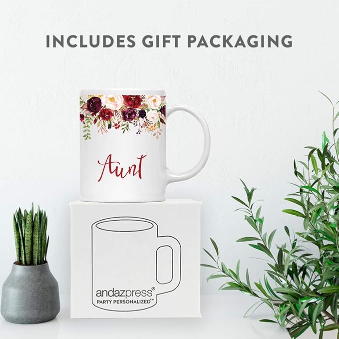 Andaz Press 11oz. Mother's Day Ceramic Coffee Tea Mug Gift, Fall Autumn Marsala Burgundy Flowers Roses Florals, Aunt, 1-Pack, Includes Gift Box, Birthday Christmas Gift Ideas