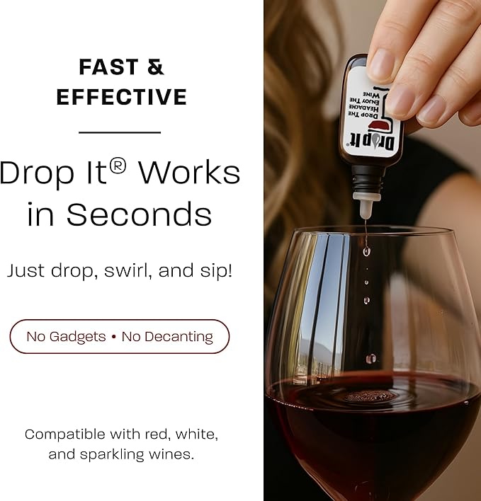 Drop It Wine Drops, Original - 10 mL, 12 Pack - Naturally Reduces Sulfites & Tannins in Red, White & Sparkling Wines - Portable, Easy to Use - Treats Up to 55 Glasses/9 Bottles of Wine Each - USA Made