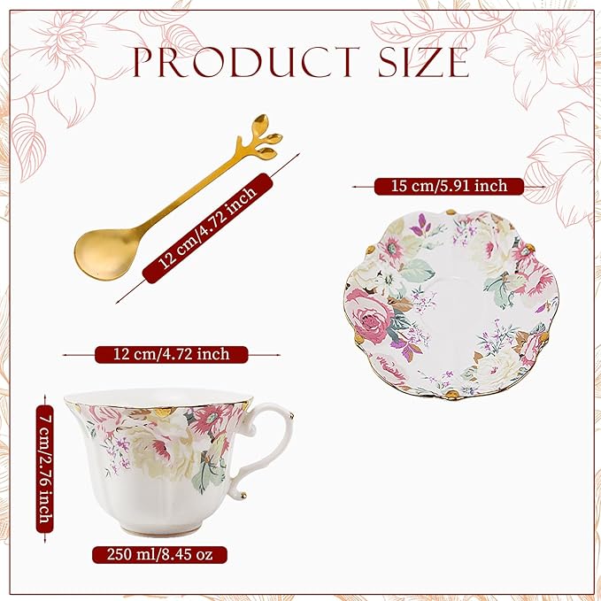 TATSUMI Country Roses 18 Peices Bone China Tea Cup And Saucer Set, English Vintage Tea Cups Of 6 For Women And Tea Party Sets(Pink,6 sets)