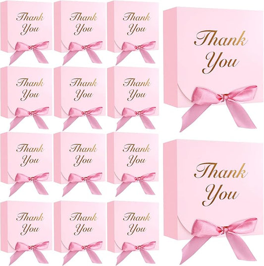 VGOODALL 20PCS Thank You Gift Boxes, 4.5x4.5x1.9Inches Mini Party Favor Boxes Pink Treat Bags with Bow Ribbon for Wedding Bridal Baby Shower Birthday Party