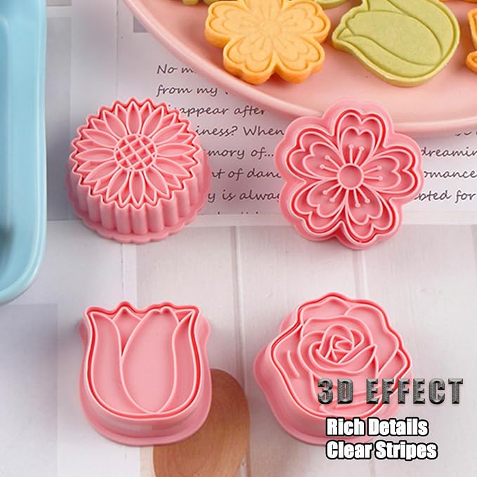 8 Pcs Flower Cookie Cutters Set Baking Molds 3D Flower Press type Cookie Cutter for Baking, Fondant, Cheese, and Pastries