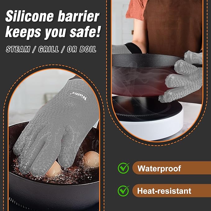 Walfos Silicone BBQ Gloves - Heat Resistant Grilling Gloves, Premium Non-Slip Kitchen Silicone Oven Mitt with Protective Cotton Layer Inside, Waterproof, Great for Grilling, Kitchen and Cooking, Gray