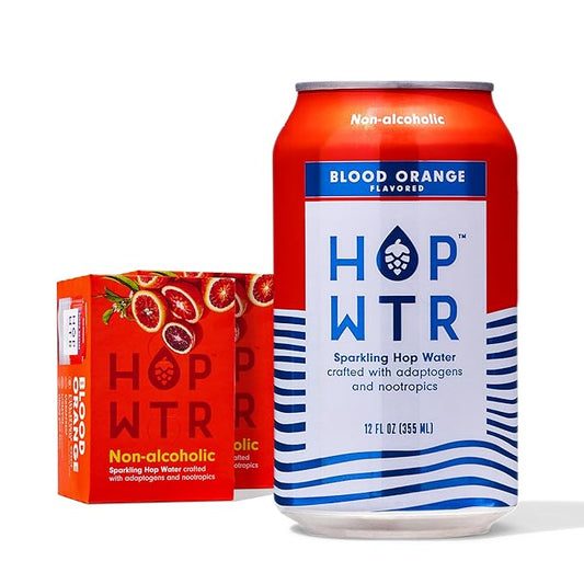HOP WTR Sparkling Hop Water Blood Orange 12 Pack, Sugar Free, Low Carb Non Alcoholic Drinks, NA Beer, Adaptogen Drink, No Calories, Adaptogens & Nootropics for Added Benefits, 12 oz Cans
