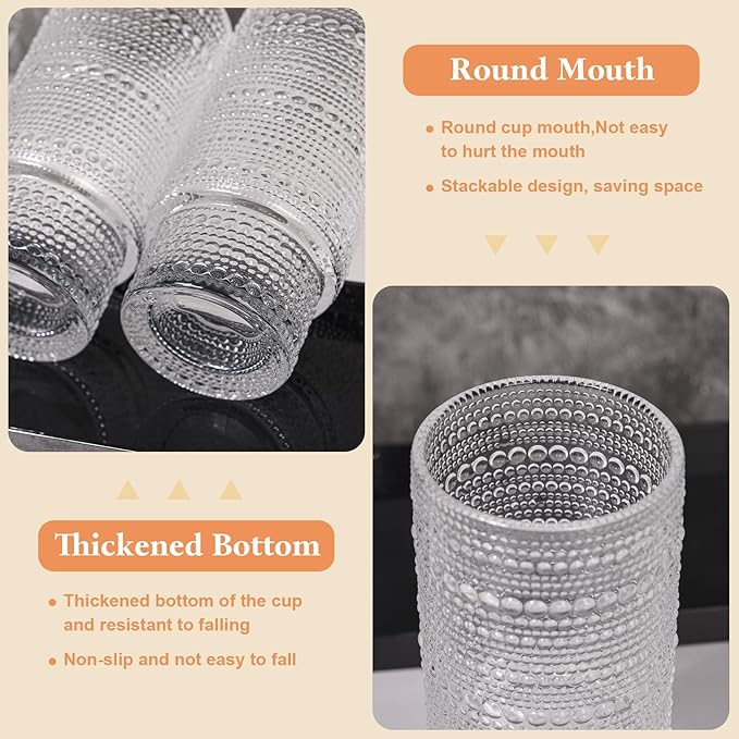 16OZ Glass Tumbler with Straw and Lid,Glass Cups with Lids and Straws,Ribbed Iced Coffee Cups Vintage Embossed Glassware for Juice Whiskey Cocktail Beer(4Pack)
