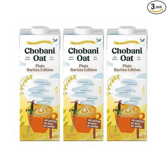Chobani Oat Milk, Plain Oat Barista Edition, Shelf Stable Non Dairy Milk, Creamer, Vegan Friendly, Gluten-Free, 32 FL OZ (Pack-3)