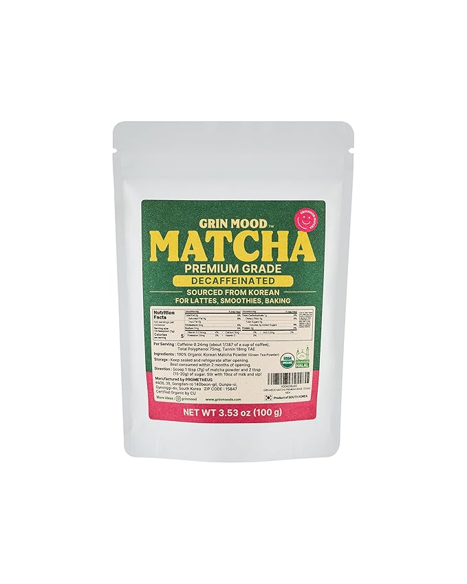 GRIN MOOD Matcha Powder Organic Green Tea Powder - Decaffeinated Green Tea, Authentic Korean Matcha, Halal (3.53oz, Premium Grade)