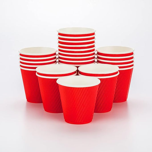 Restaurantware 8 Ounce Double Wall Disposable Coffee Cups, 500 Insulated Red Paper Tumblers with Ripple Wall Design, Lids Sold Separately for Hot Drinks like Tea, Hot Chocolate, and More