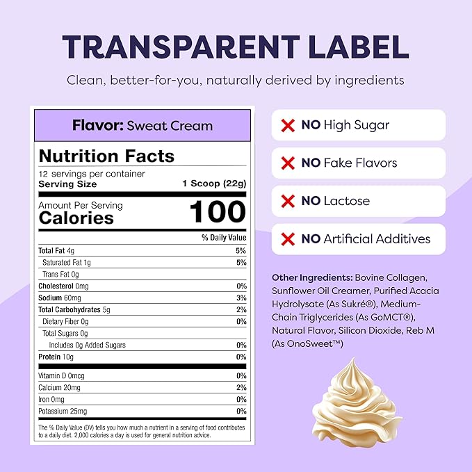 Collagen Protein Coffee Creamer Sweet Cream - Made with Grass Fed Pasture Raised Collagen - Hair, Skin & Nail support with Energy-Boosting MCTs, Keto Friendly, Lactose Free & Gluten Free, 0g of Sugar, 11g of Protein