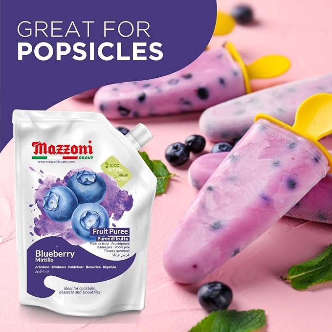 Mazzoni Blueberry Puree, 100% Pure Blueberries, Just Fruit, No Sugar Added, 2.2 lbs (35.2 oz) RMixer for Cocktails, Drinks, Smoothies. Convenient Pouch, Made in Italy (Pack of 2)